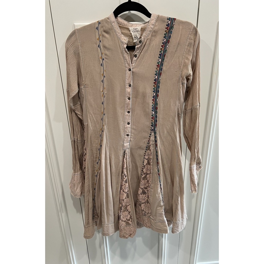 Free People FP One Boho Fit & Flare Mini Dress Tan Lace Western Festival Size XS